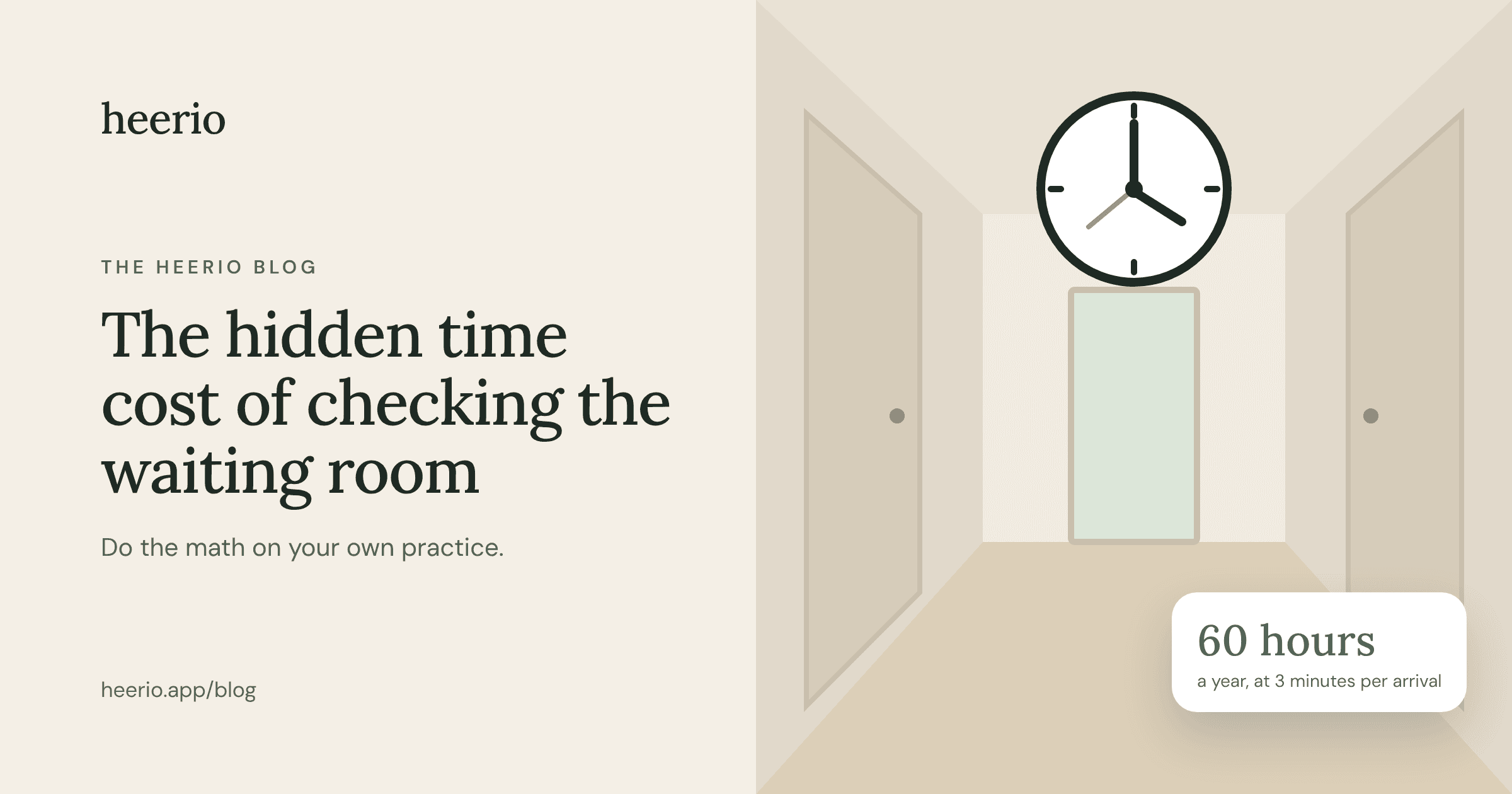 Illustration of an office hallway with doors and a large wall clock, with a card reading “60 hours a year, at 3 minutes per arrival.” Cover image for the post “How Much Time Does Checking the Waiting Room Really Cost?”.