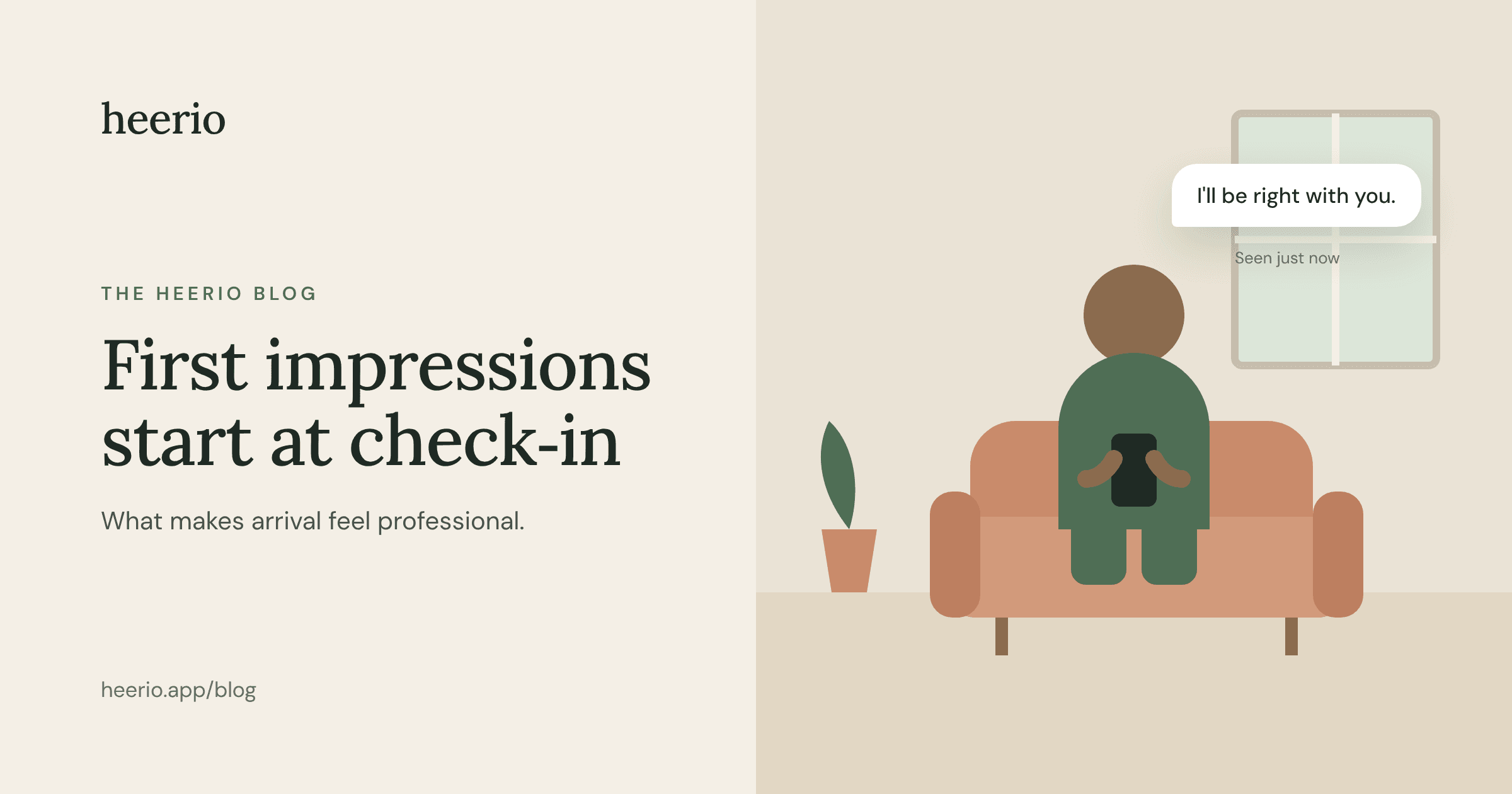 Illustration of a client seated on a terracotta couch holding a phone, with a message bubble reading “I’ll be right with you,” marked seen just now. Cover image for the post “How Client Check-In Shapes First Impressions of Your Practice”.