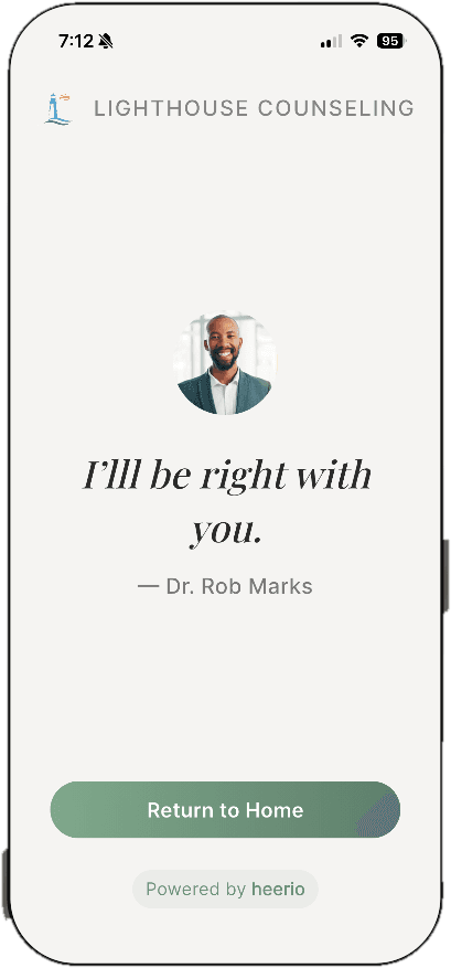 Heerio client screen showing the provider’s reply: I’ll be right with you — Dr. Rob Marks