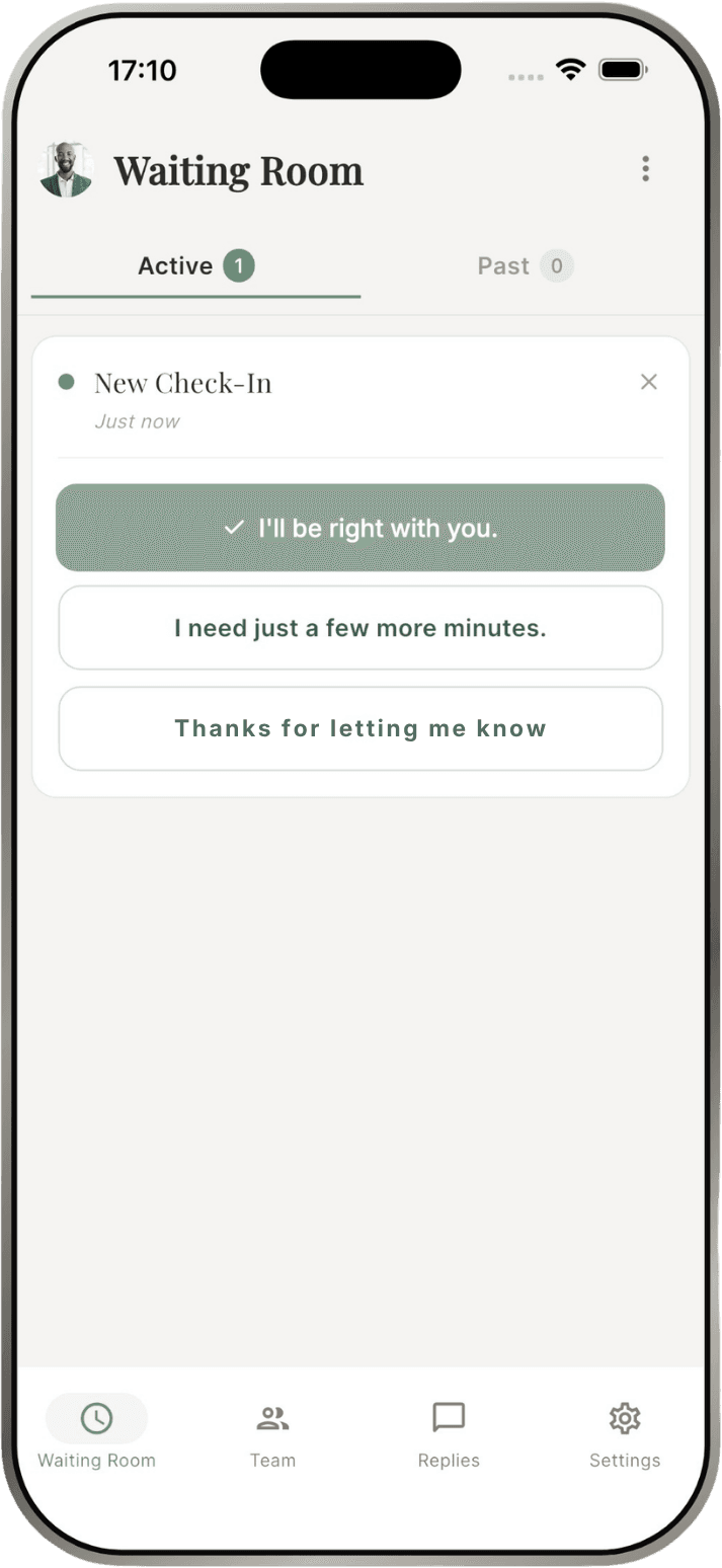 Heerio Hub waiting room on a phone: a new check-in with one-tap replies, and tabs for Waiting Room, Team, Replies, and Settings