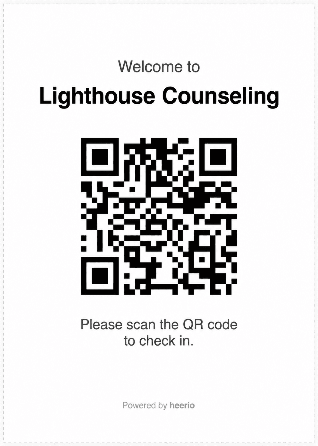 Printable Heerio QR check-in card: Welcome to Lighthouse Counseling, please scan the QR code to check in