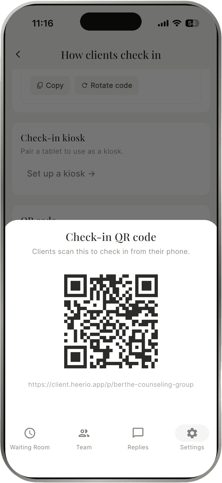 Heerio Hub settings screen titled How clients check in, showing the practice QR code with Copy and Rotate code buttons and a Set up a kiosk option